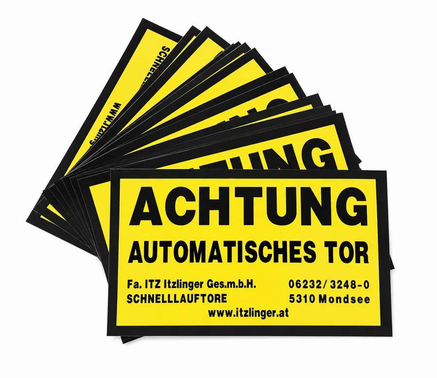 Warnschilder Achtung automatisches Tor im Siebdruck